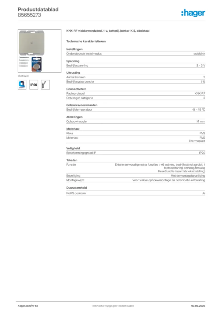 Afbeelding Hager Productdatablad 85655273 | Hager Belgium