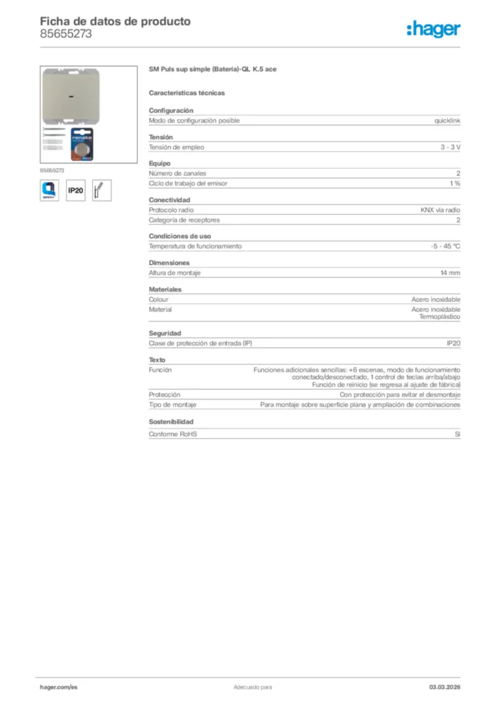 Imagen Hager Ficha de datos de producto 85655273 | Hager España