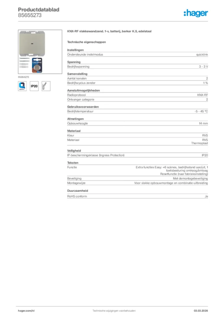 Afbeelding Hager Productdatablad 85655273 | Hager Nederland