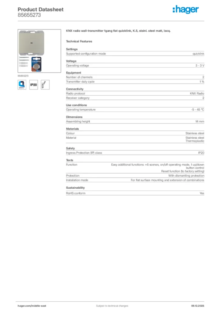 Image Hager Product data sheet 85655273  | Hager