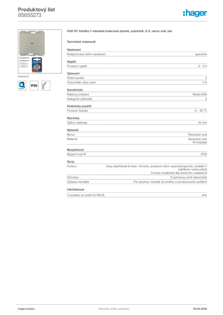 Obrázek Hager Product data sheet 85655273 | Hager