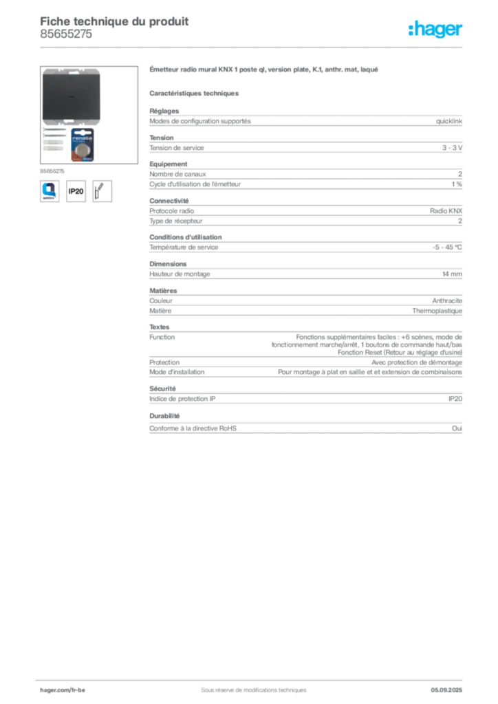 Image Hager Fiche technique du produit 85655275 | Hager Belgique