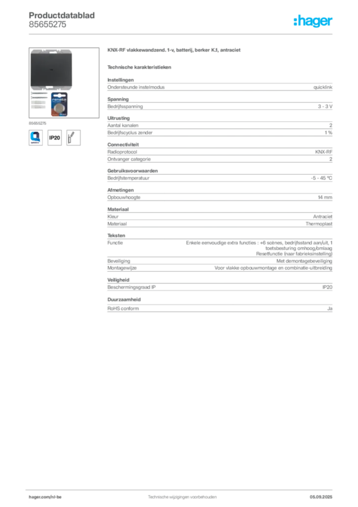 Afbeelding Hager Productdatablad 85655275 | Hager Belgium