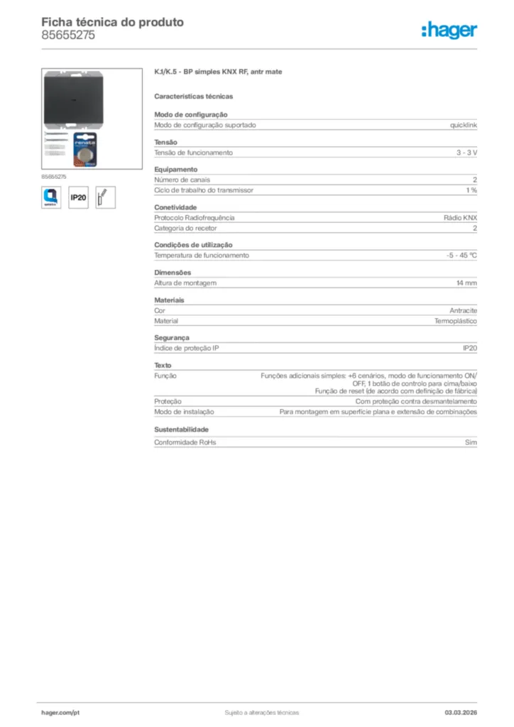 Imagem Hager Ficha técnica do produto 85655275 | Hager Portugal