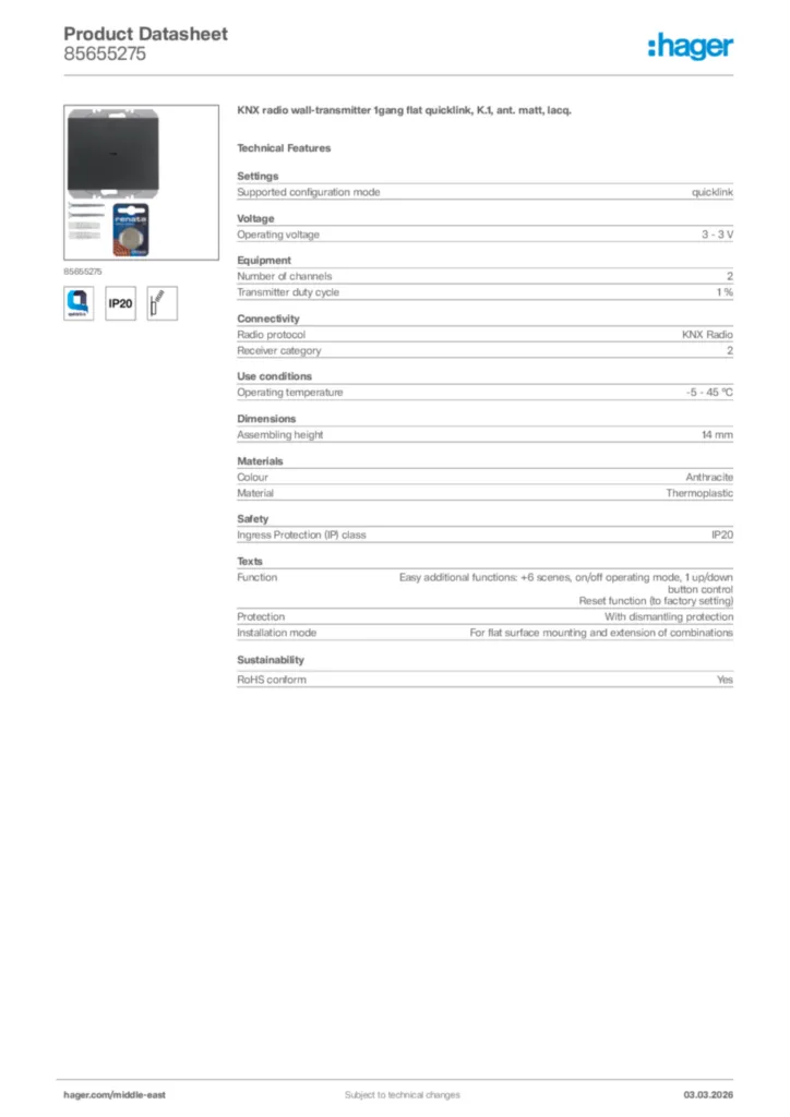 Image Hager Product data sheet 85655275  | Hager