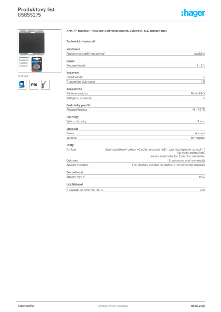 Obrázek Hager Produktový list 85655275 | Hager