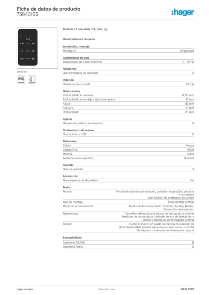 Imagen Hager Ficha de datos de producto 75643165 | Hager España