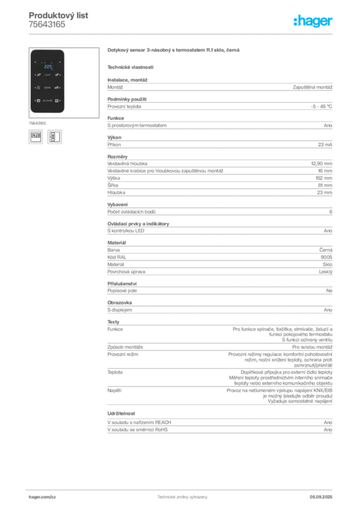 Obrázek Hager Produktový list 75643165 | Hager
