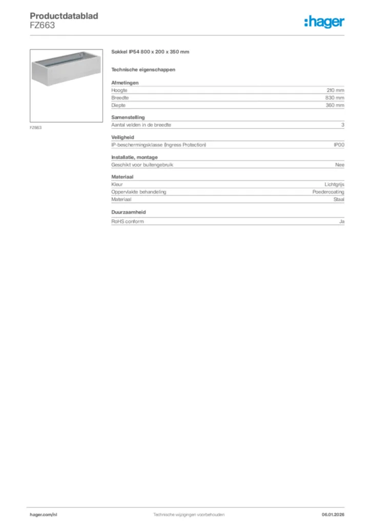 Afbeelding Hager Productdatablad FZ663 | Hager Nederland