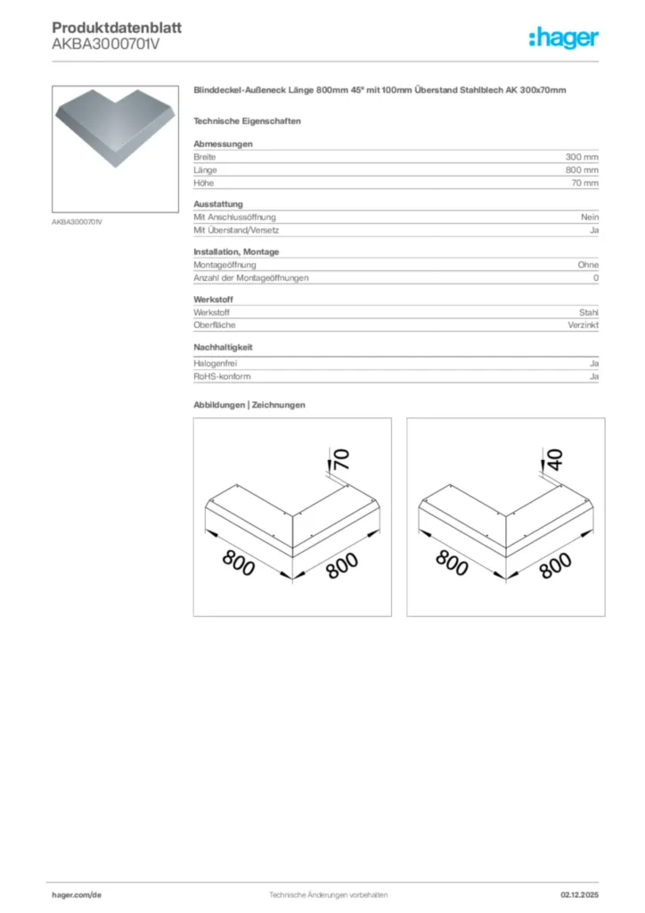 Bild Hager Produktdatenblatt AKBA3000701V | Hager Deutschland