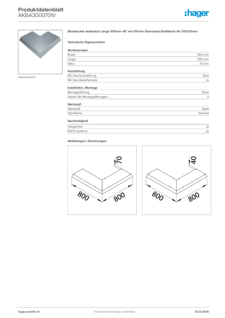 Bild Hager Produktdatenblatt AKBA3000701V | Hager Schweiz
