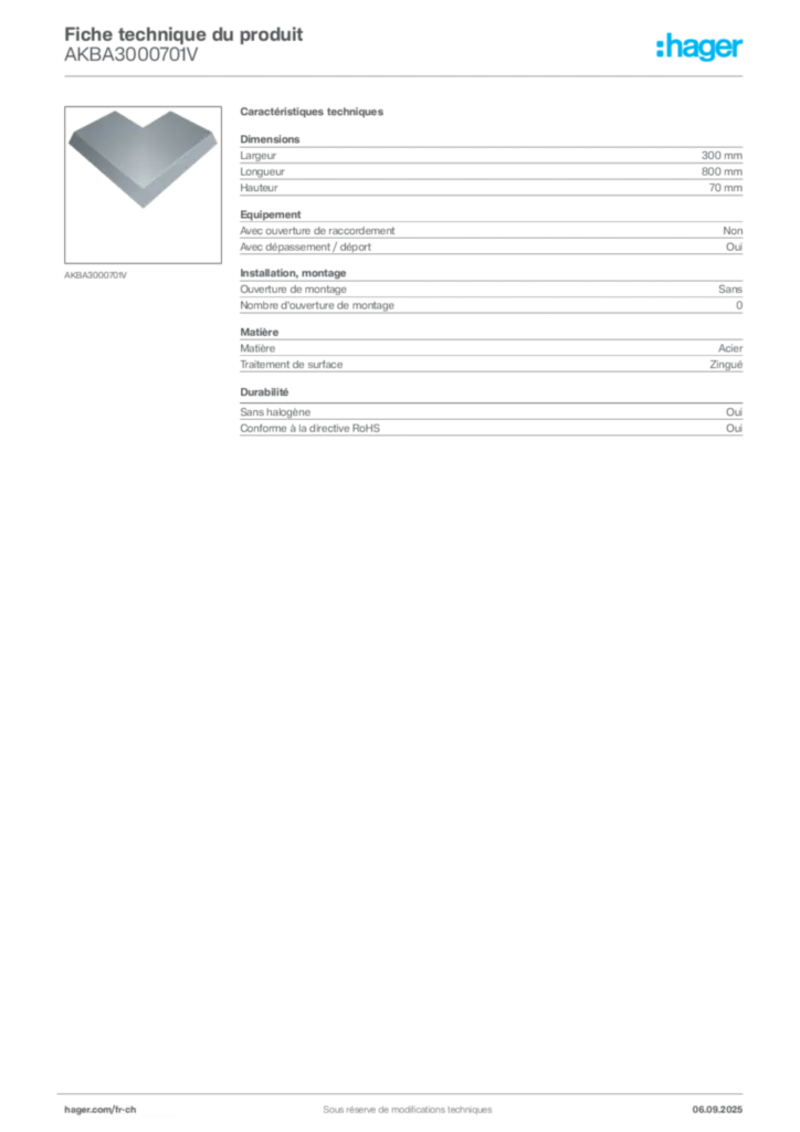 Image Hager Fiche technique du produit AKBA3000701V | Hager Suisse