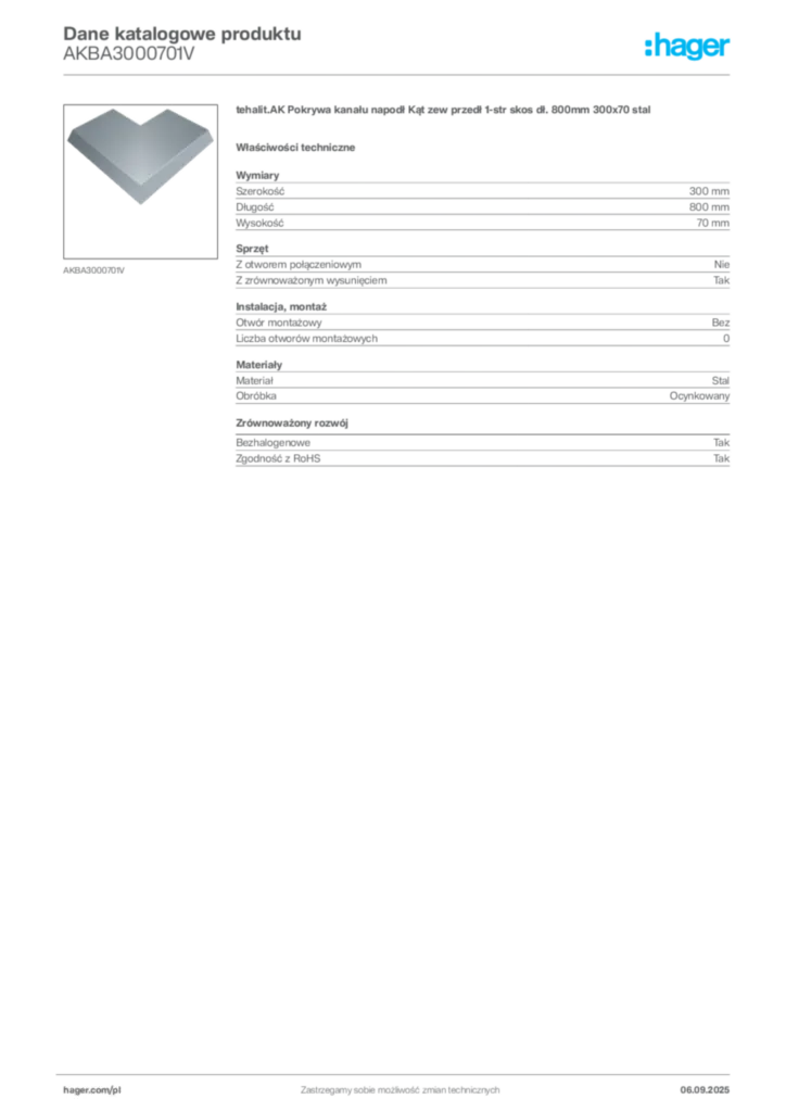 Zdjęcie Hager Dane katalogowe produktu AKBA3000701V | Hager Polska
