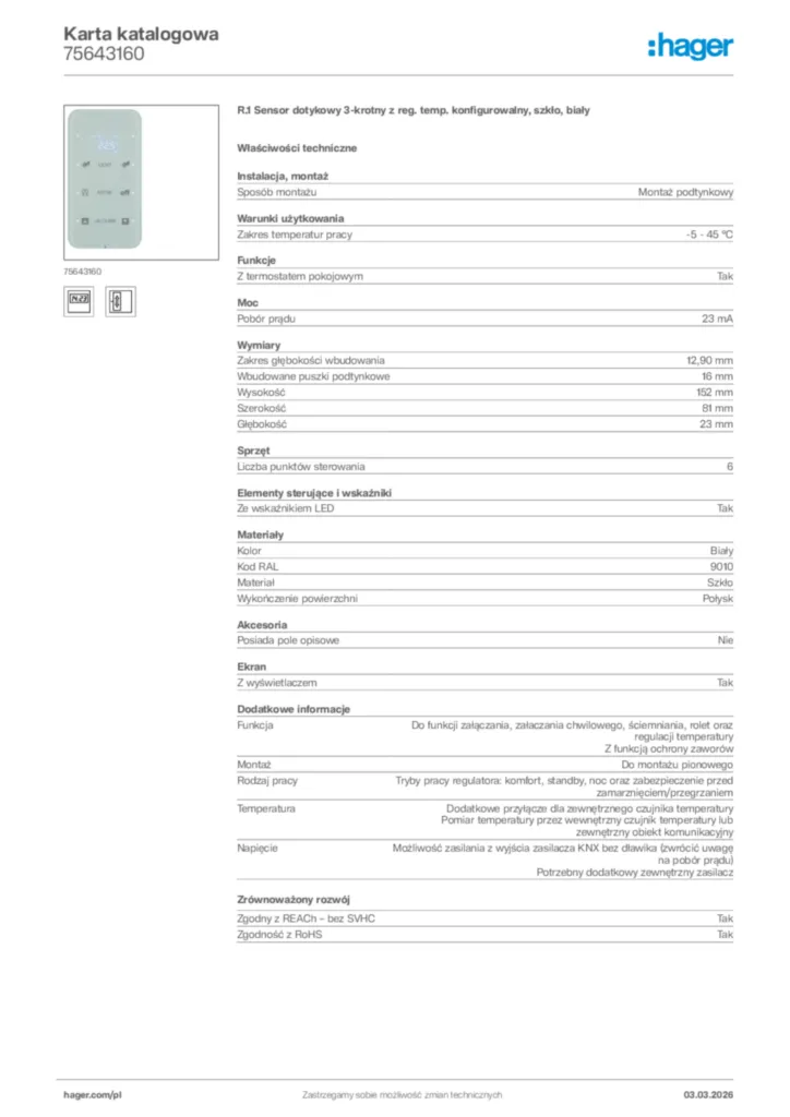 Zdjęcie Hager Karta katalogowa 75643160 | Hager Polska