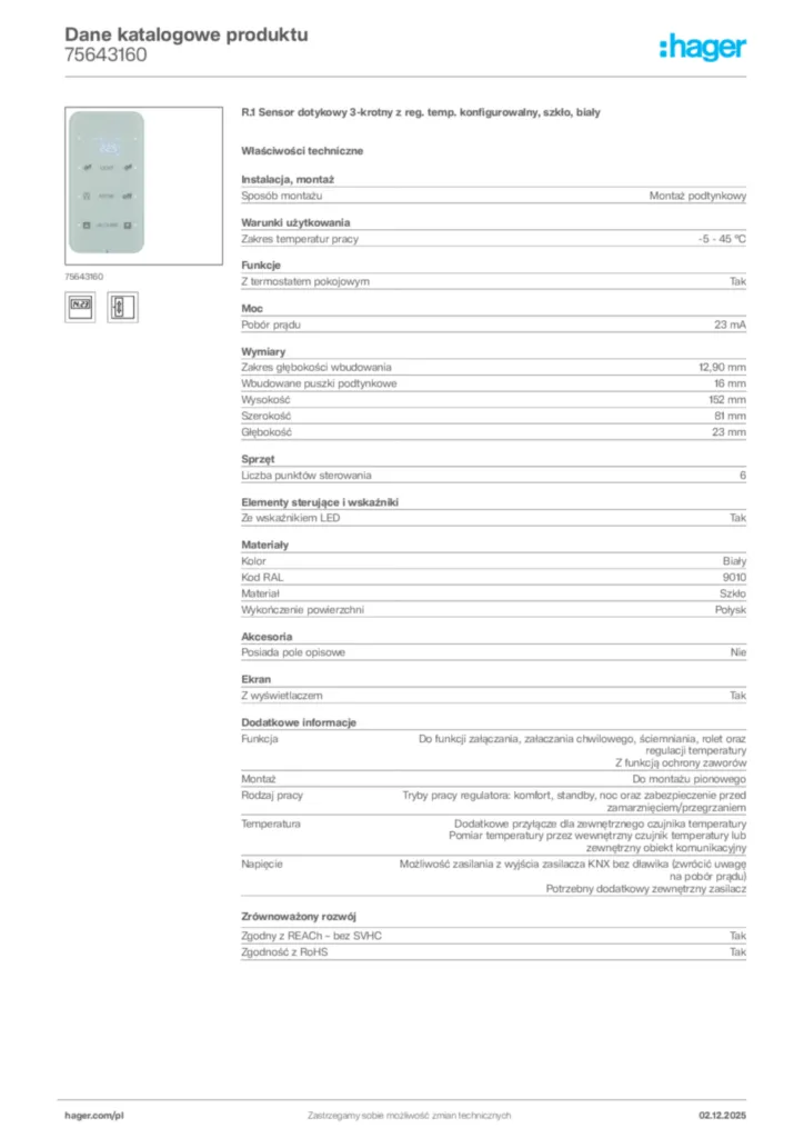 Zdjęcie Hager Dane katalogowe produktu 75643160 | Hager Polska