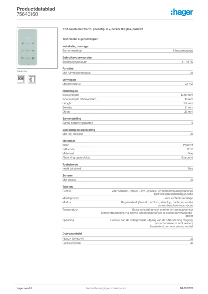 Afbeelding Hager Productdatablad 75643160 | Hager Nederland