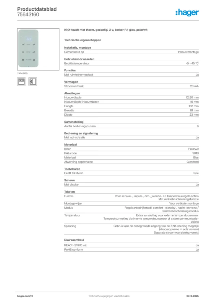 Afbeelding Hager Productdatablad 75643160 | Hager Nederland