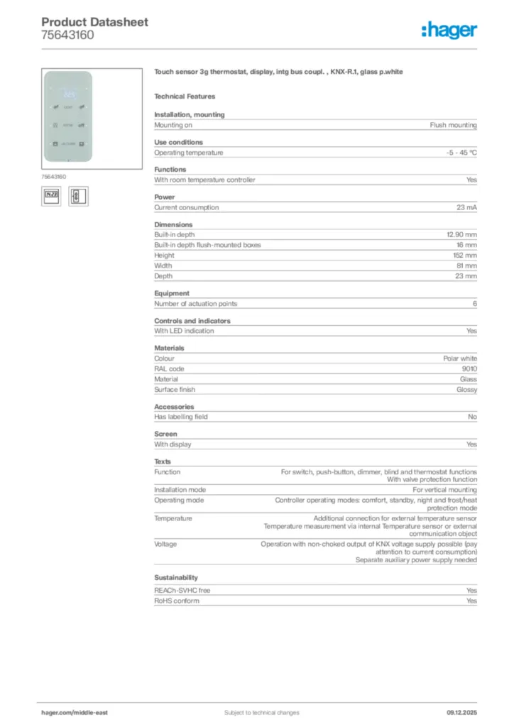 Image Hager Product data sheet 75643160  | Hager