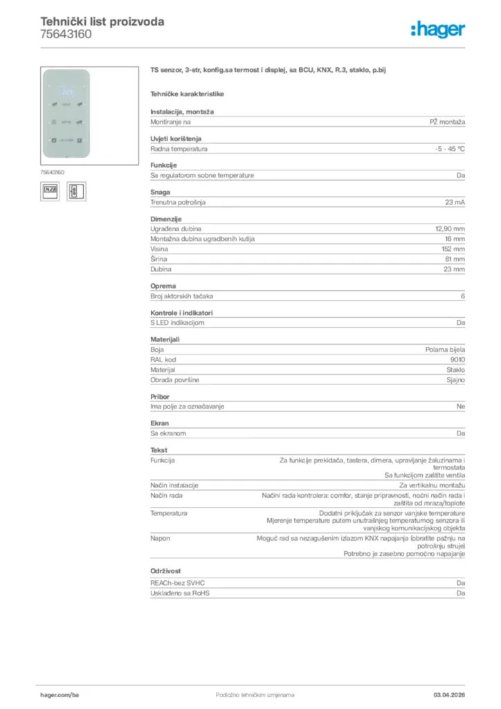 Slika Hager Tehnički list proizvoda 75643160  | Hager