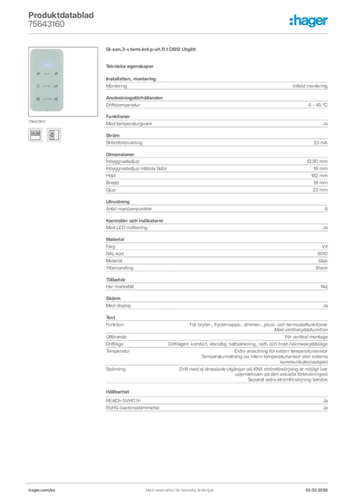 Bild Hager Produktdatablad 75643160 | Hager Sverige