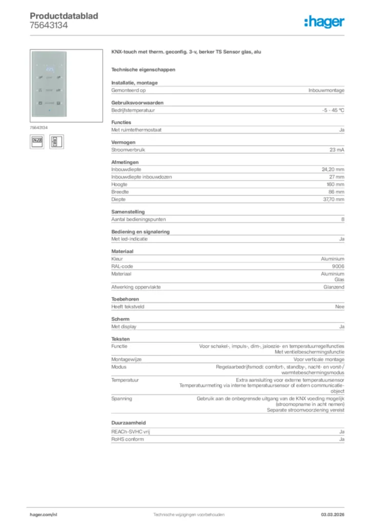 Afbeelding Hager Productdatablad 75643134 | Hager Nederland