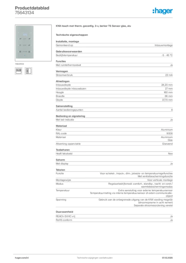 Afbeelding Hager Productdatablad 75643134 | Hager Nederland