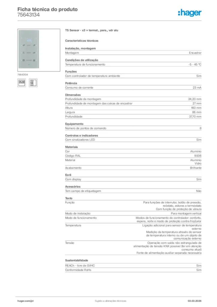 Imagem Hager Ficha técnica do produto 75643134 | Hager Portugal