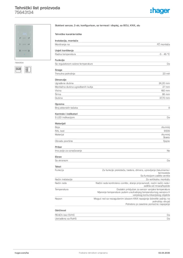 Slika Hager Tehnički list proizvoda 75643134  | Hager