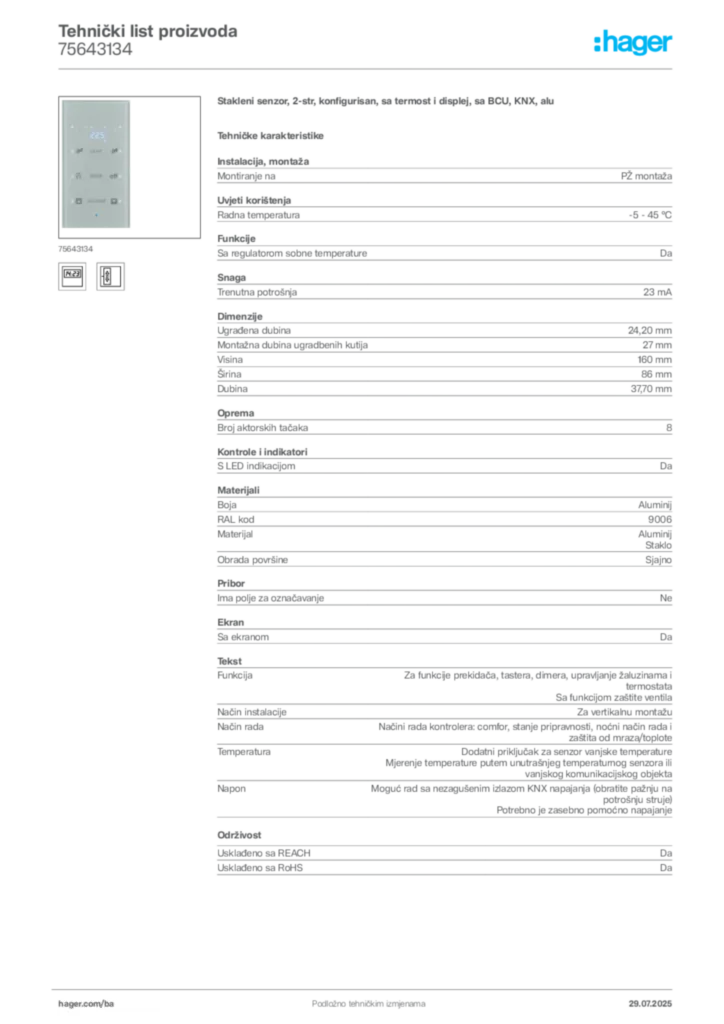 Slika Hager Product data sheet 75643134  | Hager