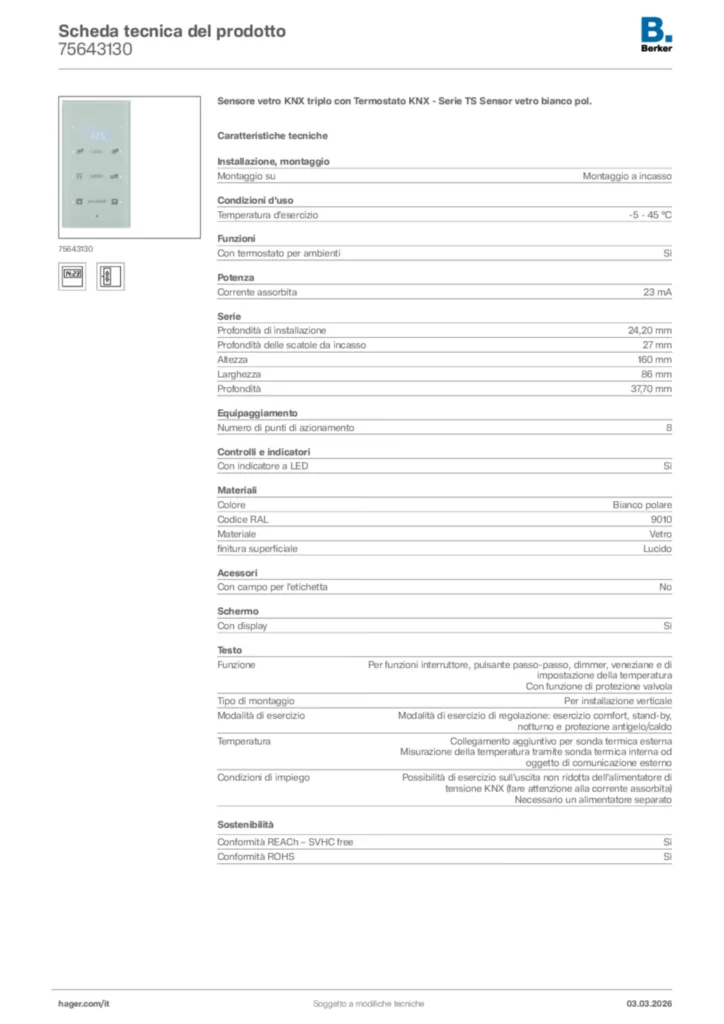 Immagine Berker Scheda tecnica del prodotto 75643130 | Hager Italia