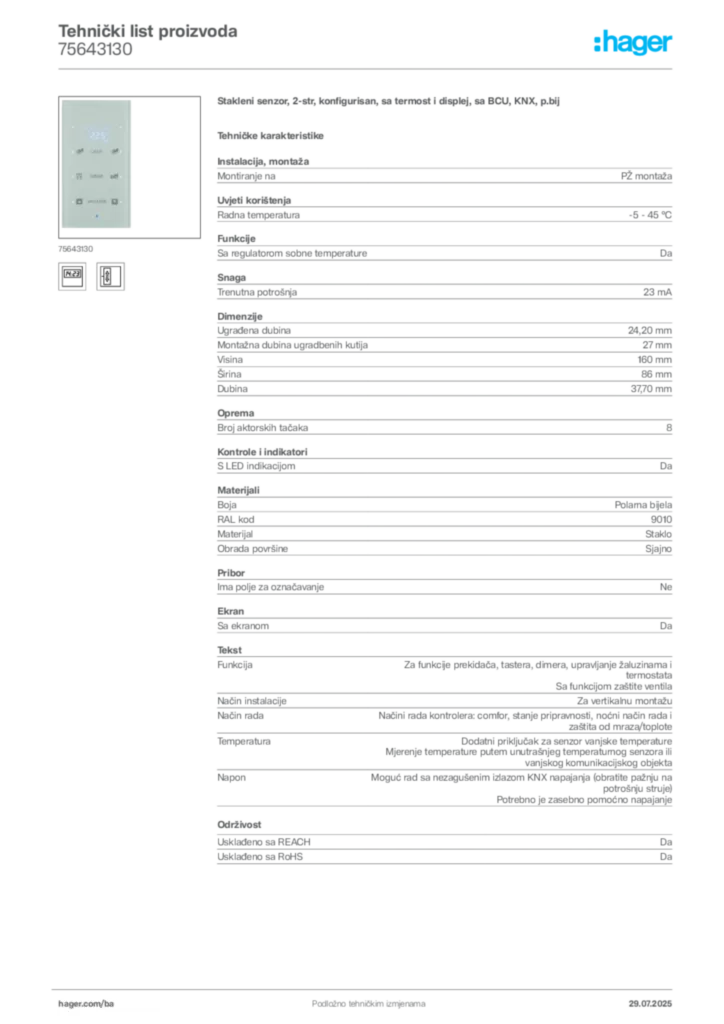 Slika Hager Product data sheet 75643130  | Hager