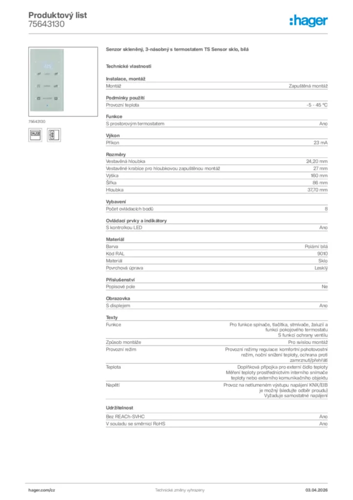 Obrázek Hager Product data sheet 75643130 | Hager