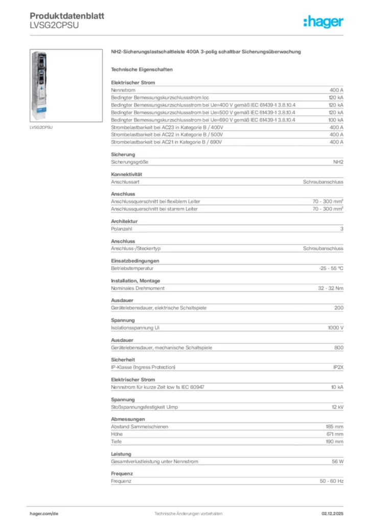 Bild Hager Produktdatenblatt LVSG2CPSU | Hager Deutschland