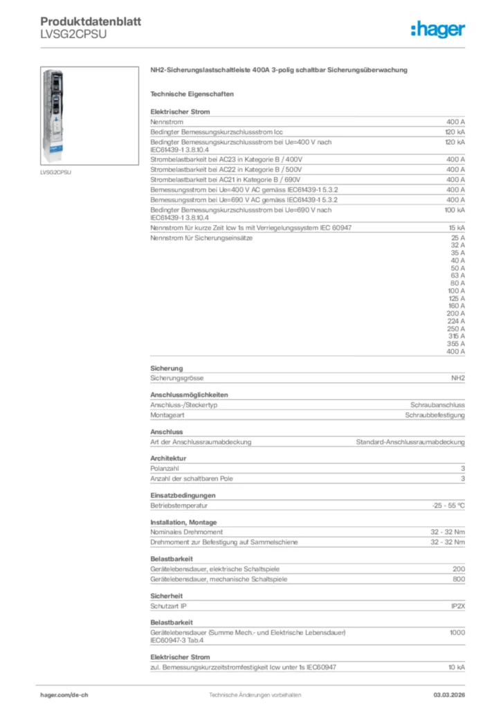 Bild Hager Produktdatenblatt LVSG2CPSU | Hager Schweiz