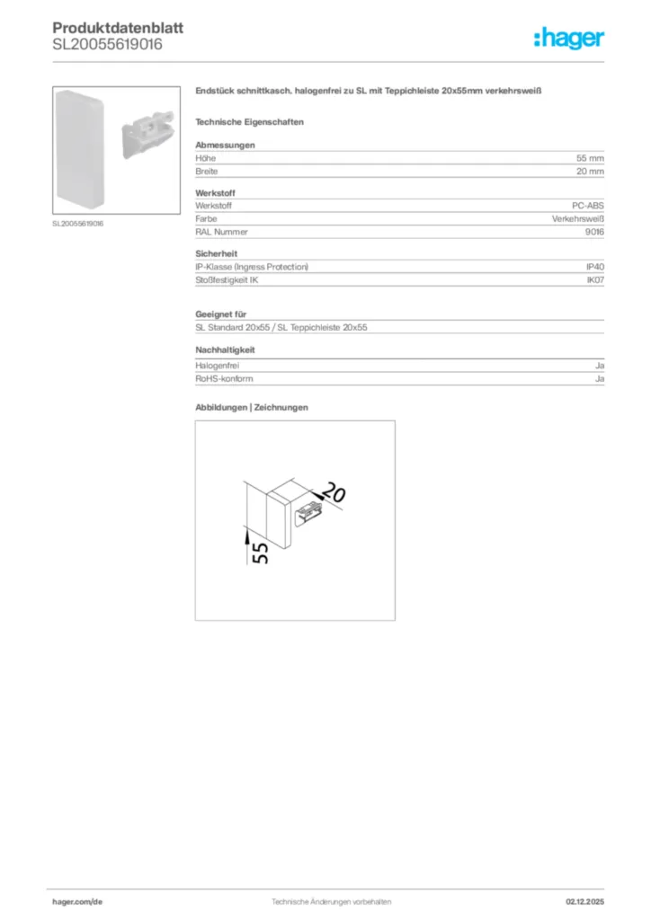 Bild Hager Produktdatenblatt SL20055619016 | Hager Deutschland