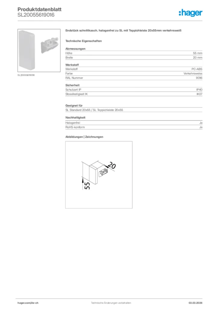 Bild Hager Produktdatenblatt SL20055619016 | Hager Schweiz