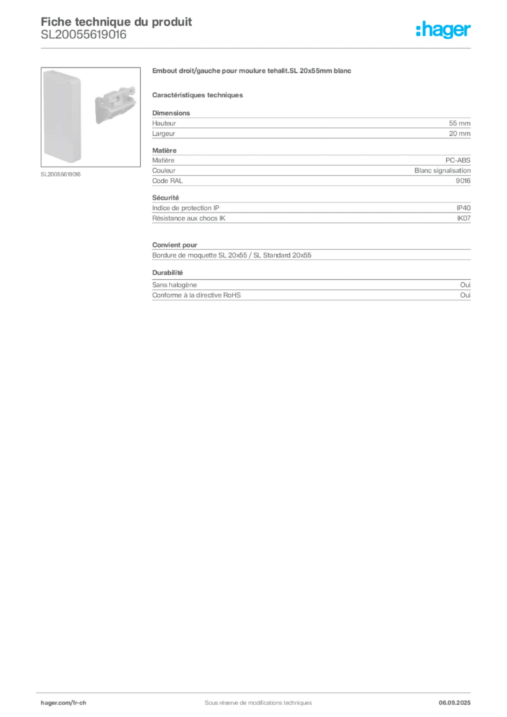 Image Hager Fiche technique du produit SL20055619016 | Hager Suisse