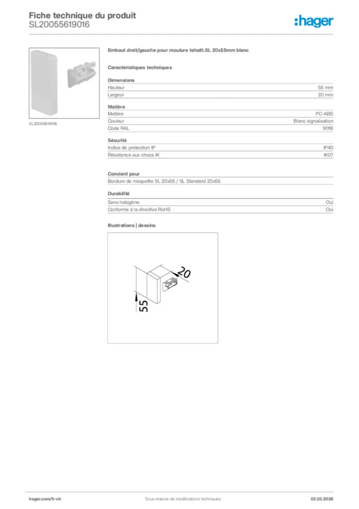 Image Hager Fiche technique du produit SL20055619016 | Hager Suisse