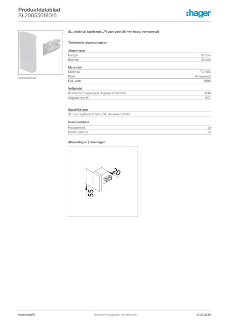 Afbeelding Hager Productdatablad SL20055619016 | Hager Nederland