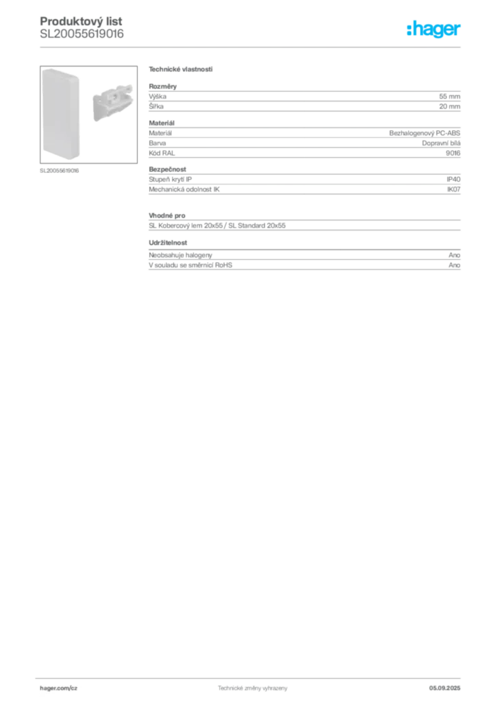 Obrázek Hager Produktový list SL20055619016 | Hager