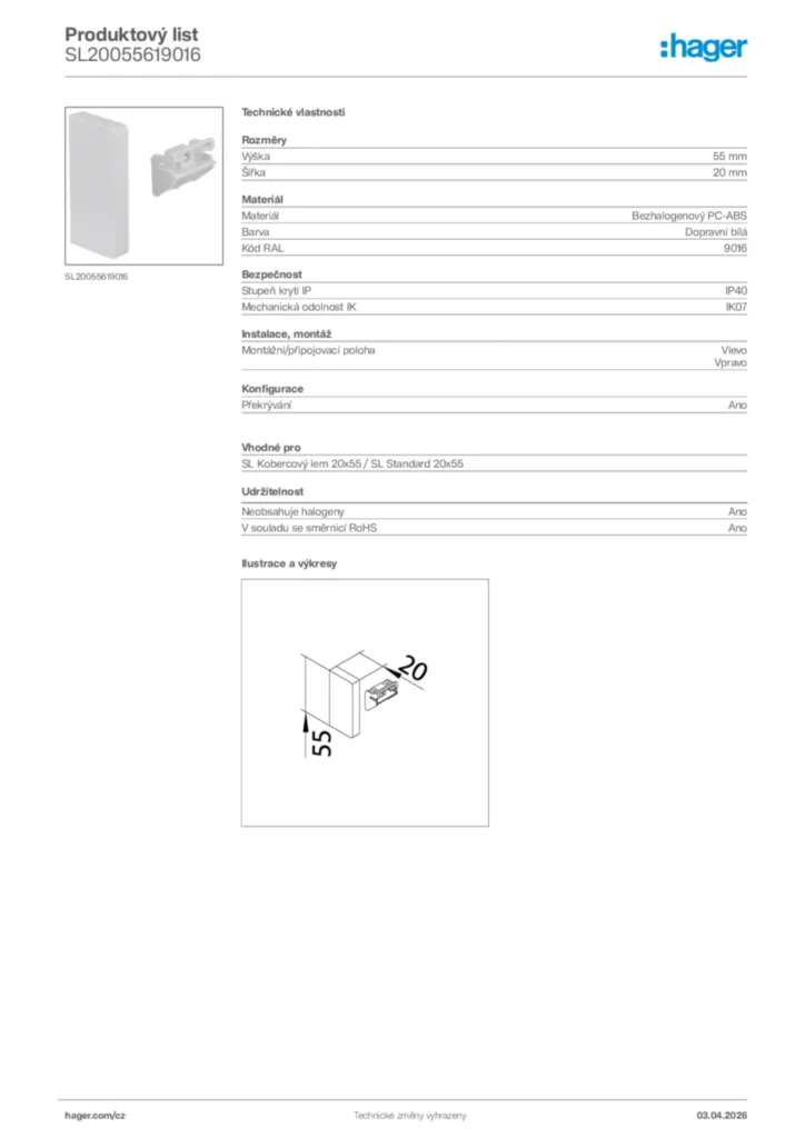 Obrázek Hager Product data sheet SL20055619016 | Hager