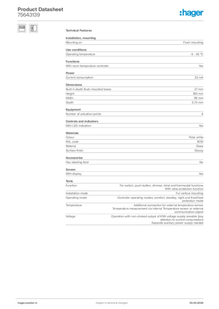 Image Hager Product data sheet 75643139  | Hager