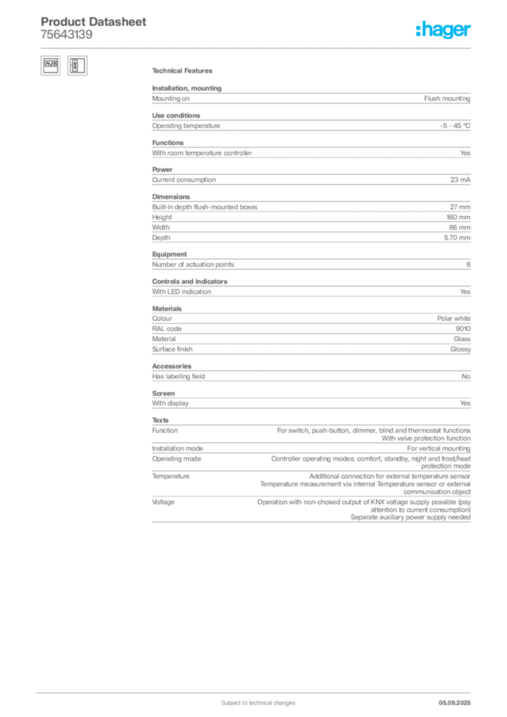 Image Hager Product data sheet 75643139  | Hager