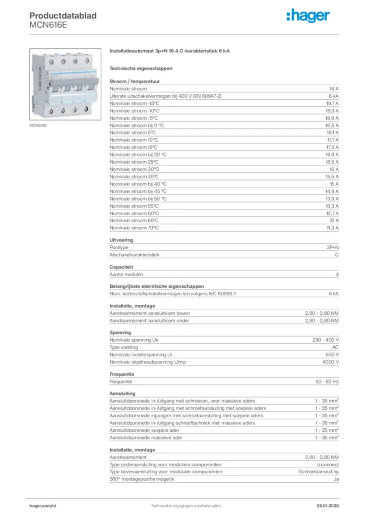 Afbeelding Hager Productdatablad MCN616E | Hager Nederland