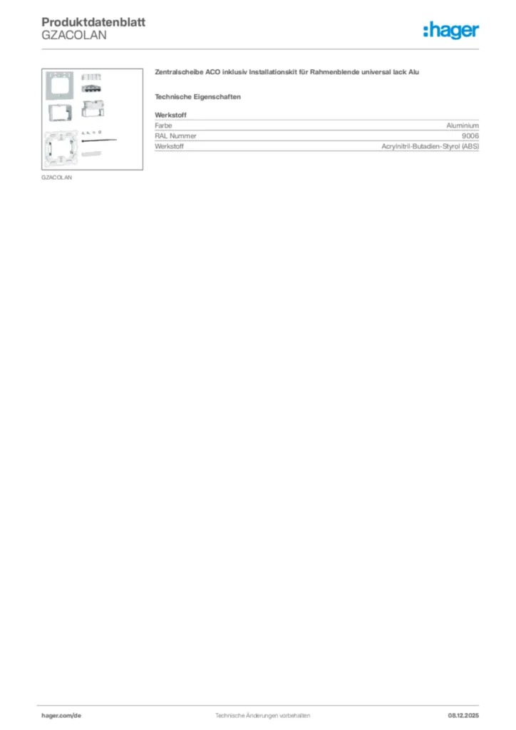 Bild Hager Produktdatenblatt GZACOLAN | Hager Deutschland