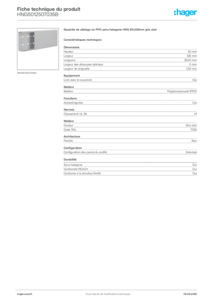 Image Hager Fiche technique du produit HNG5012507035B | Hager France