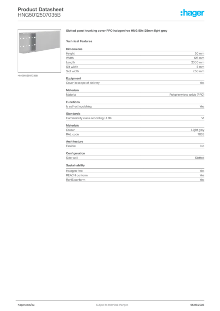 Image Hager Product data sheet HNG5012507035B  | Hager Australia