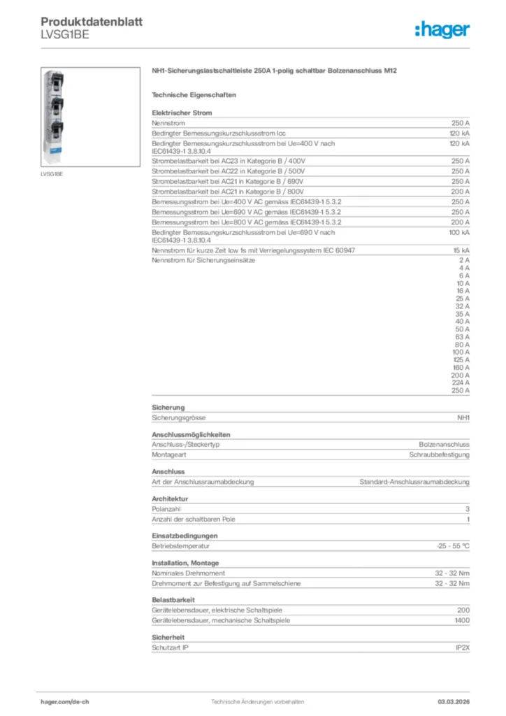 Bild Hager Produktdatenblatt LVSG1BE | Hager Schweiz