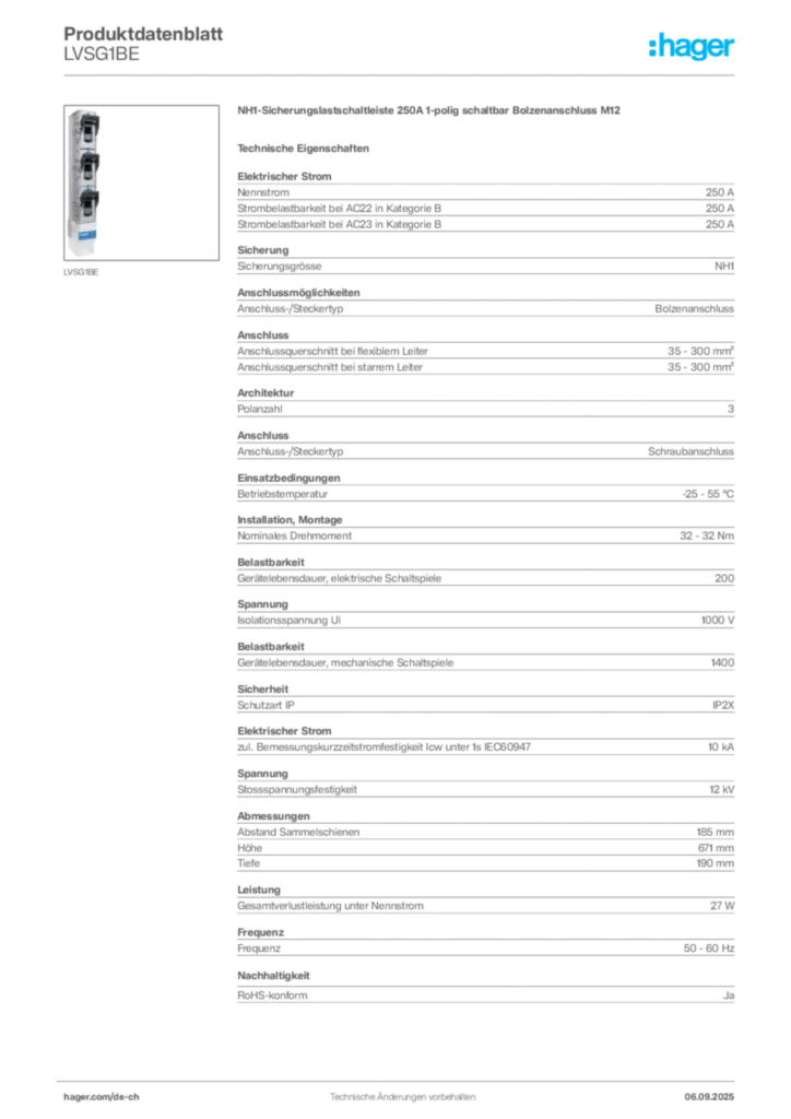 Bild Hager Produktdatenblatt LVSG1BE | Hager Schweiz