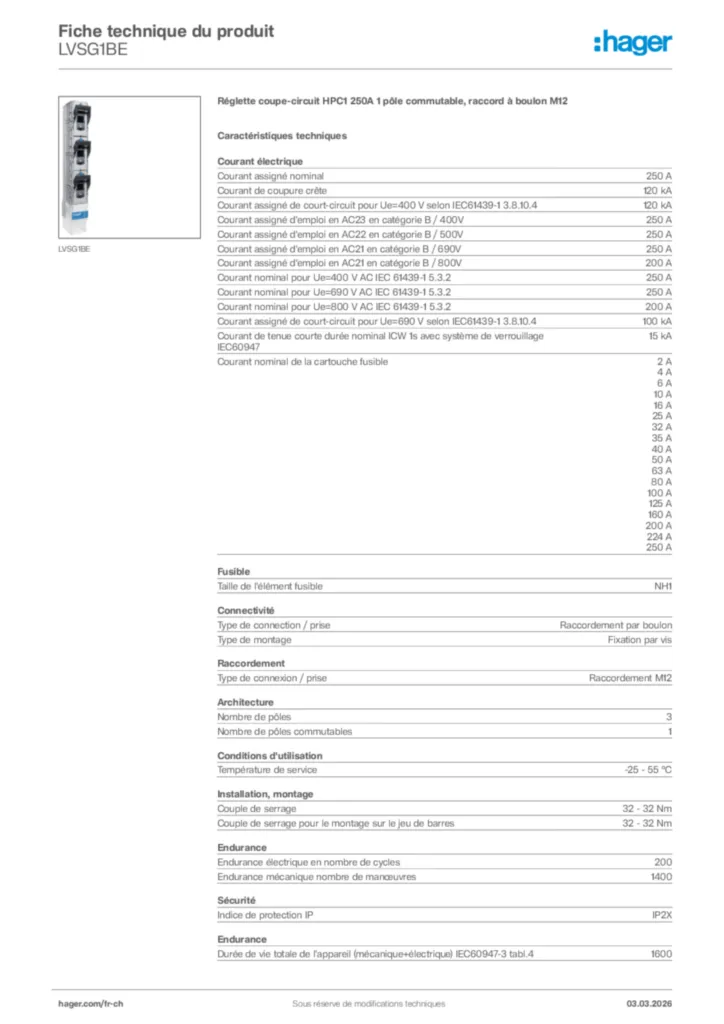 Image Hager Fiche technique du produit LVSG1BE | Hager Suisse